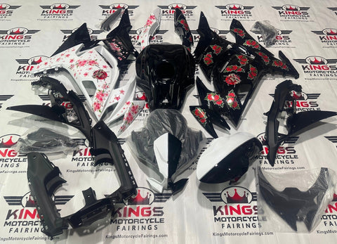 Kawasaki Ninja 650R Fairings (2020-2023) Black Rose, White Blossom at KingsMotorcycleFairings.com