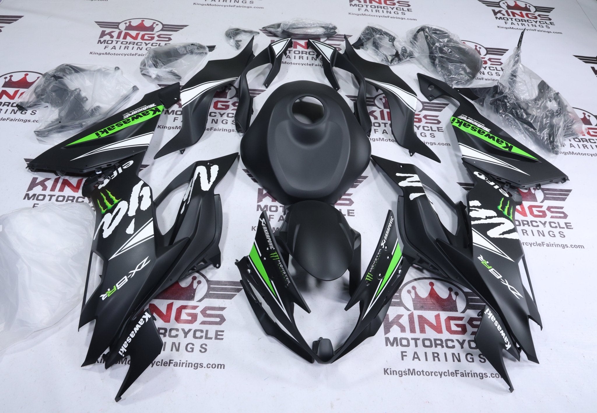 Kawasaki ZX6R - Matte Black, White, Green Elf Fairings |