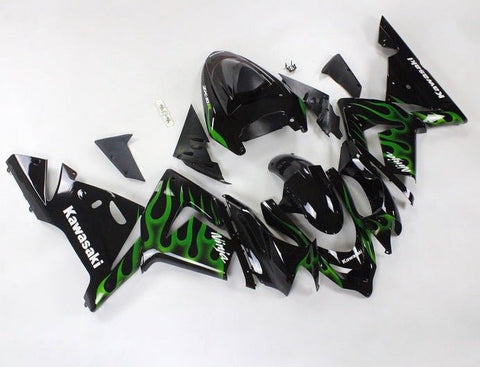 Kawasaki ZX10R Fairings (2004-2005) Black, Green Flames at KingsMotorcycleFairings.com