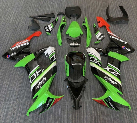 Kawasaki ZX10R Fairings (2008-2010) Green, Black, Red, White Stripe at KingsMotorcycleFairings.com