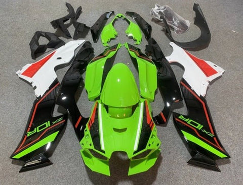 Kawasaki ZX10R Fairings (2021-2025) Green, Black, White, Red Stripe at KingsMotorcycleFairings.com