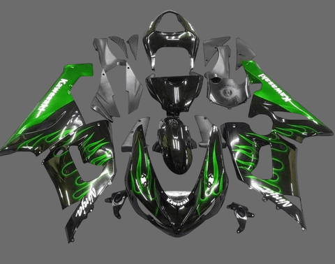 Kawasaki ZX6R 636 Fairings (2005-2006) Black, White, Green Flames at KingsMotorcycleFairings.com