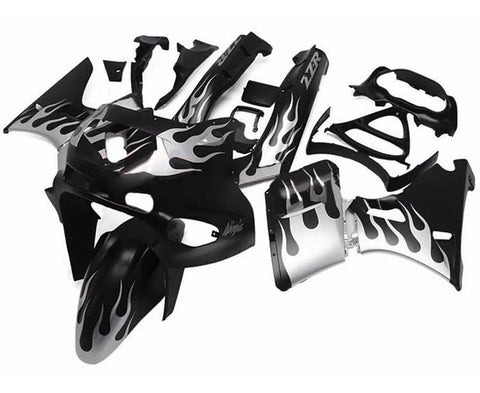 Kawasaki ZZR400 Fairings (1993-2007) Black, Silver Flames at KingsMotorcycleFairings.com