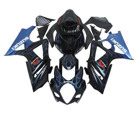 Suzuki GSXR 1000 Fairings (2007-2008) Black, Light Blue, White, Flames at KingsMotorcycleFairings.com