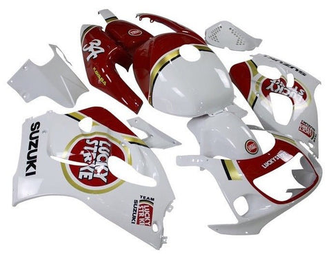 Suzuki GSXR600 Fairings (1996-1999) White, Red, Gold, Lucky Strike at KingsMotorcycleFairings.com