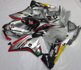 Silver, Red, Black and White Fairing Kit for a 2014 and 2015 Aprilia RSV4 1000 motorcycle.