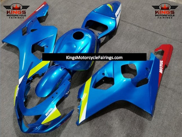 Blue, Neon Yellow, White and Red Motul Fairing Kit for a 2004 & 2005 Suzuki GSX-R600 motorcycle