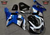 Black, Blue, Silver and White Fairing Kit for a 2000, 2001 & 2002 Suzuki GSX-R1000 motorcycle