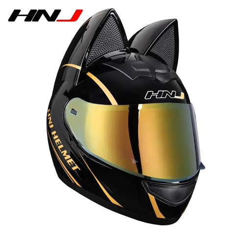 The Black and Gold HNJ Full-Face Motorcycle Helmet with Cat Ears is brought to you by Kings Motorcycle Fairings