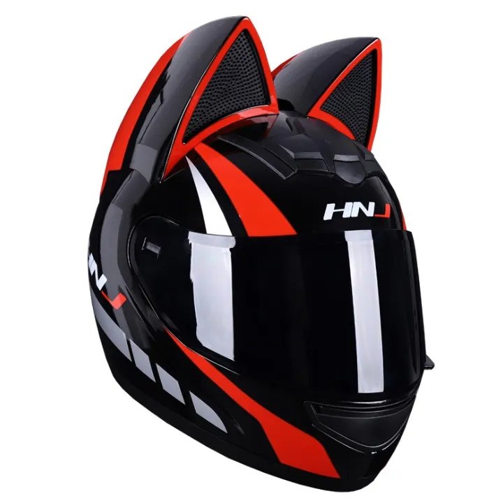 black and red motorcycle helmet Black, Red & Silver HNJ Motorcycle Helmet with Cat Ears & Black Visor