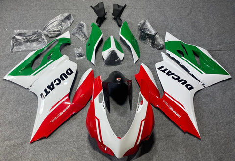 White, Red & Green Fairing Kit for a 2015, 2016 and 2017 Ducati 1299 Panigale motorcycle