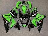 Green and Black Monster Energy Fairing Kit for a 2004 & 2005 Kawasaki ZX-10R motorcycle.