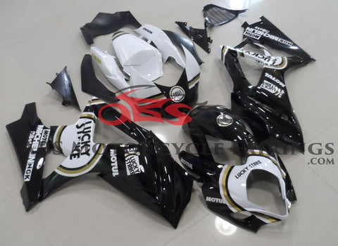 Black and White Lucky Strike Fairing Kit for a 2007 & 2008 Suzuki GSX-R1000 motorcycle