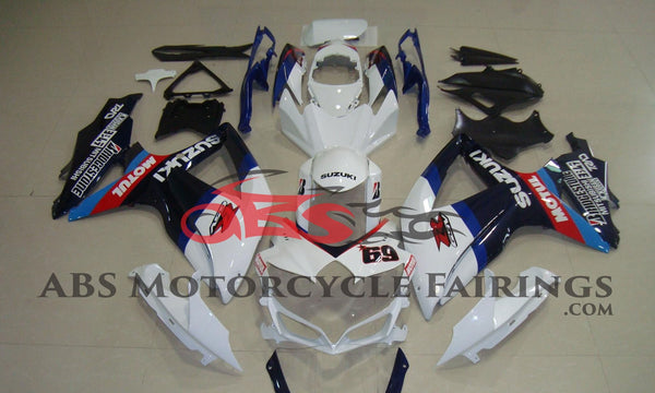 White and Blue Number 69 Fairing Kit for a 2008, 2009 & 2010 Suzuki GSX-R750 motorcycle