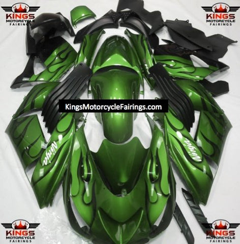 Fairing kit for a Kawasaki Ninja ZX14R (2006-2011) Green & Black Flames
