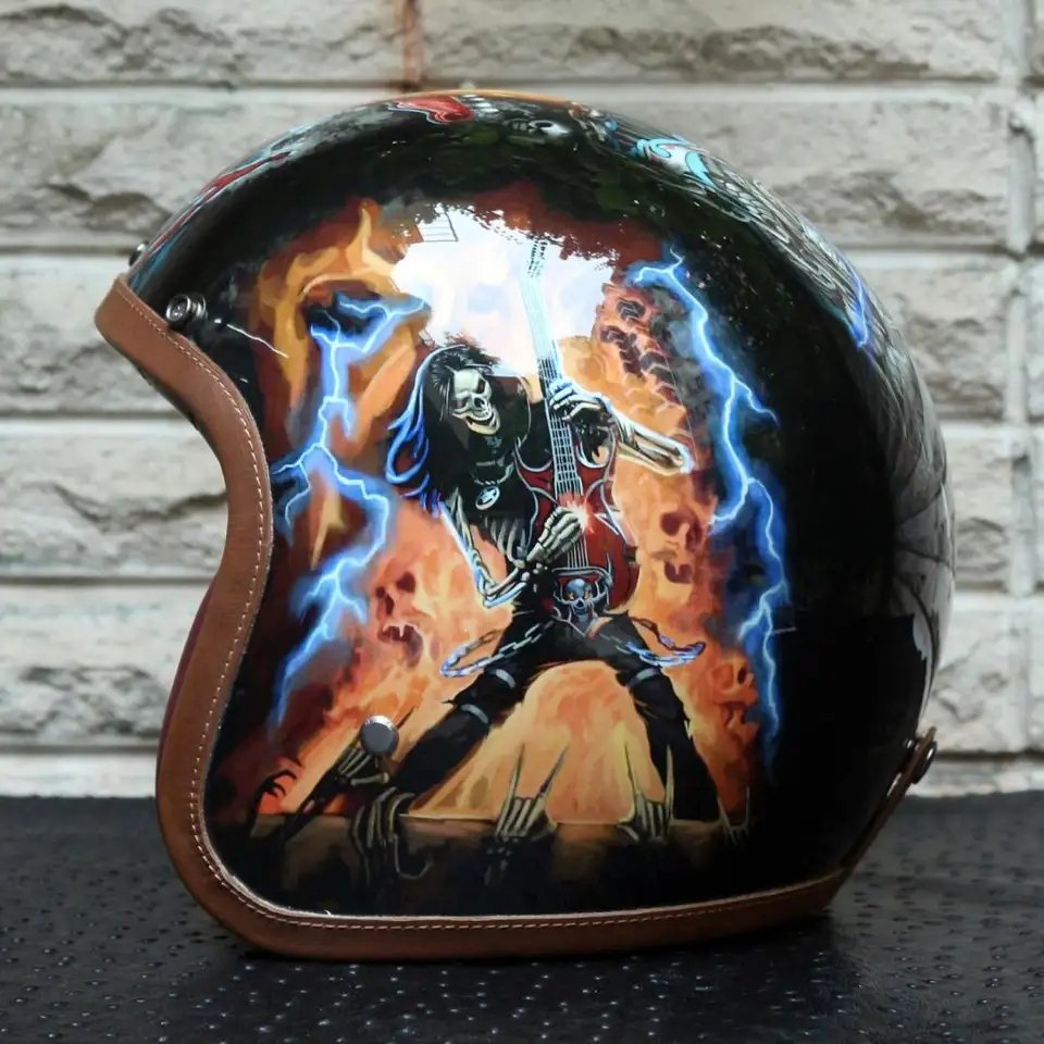 bespoke painted motorcycle helmets Hand Painted Skeleton Rockstar Retro Motorcycle Helmet