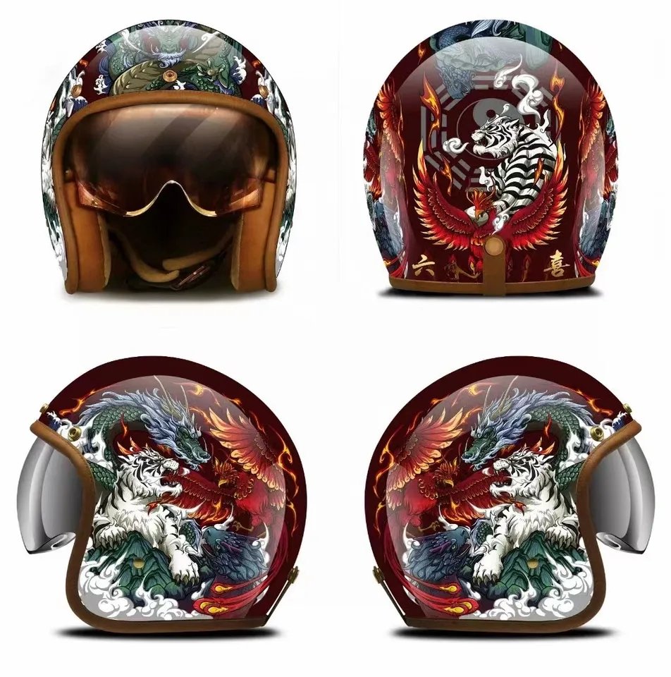 Hand Painted Tiger, Dragon & Phoenix Retro Motorcycle Helmet Hand Painted Tiger, Dragon & Phoenix Retro Motorcycle Helmet