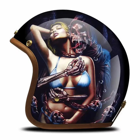 Hand Painted Woman & Skeleton Reaper Retro Motorcycle Helmet is brought to you by KingsMotorcycleFairings.com