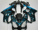 Black and Light Blue Flames Fairing Kit for a 2001, 2002, 2003 Honda CBR600F4i motorcycle