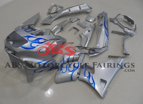 Kawasaki ZZR400 Fairings (1993-2007) Silver, Blue Flames at KingsMotorcycleFairings.com