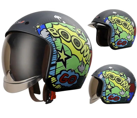 Matte Black, Yellow, Green and Blue Boom Retro Motorcycle Helmet is brought to you by KingsMotorcycleFairings.com