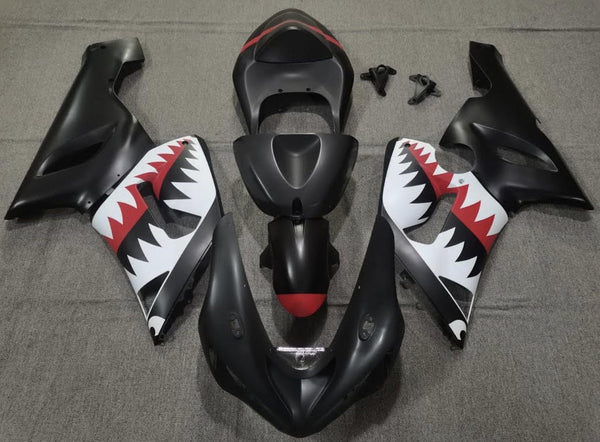 Fairing kit for a Kawasaki ZX6R 636 (2005-2006) Matte Black, White & Red Shark