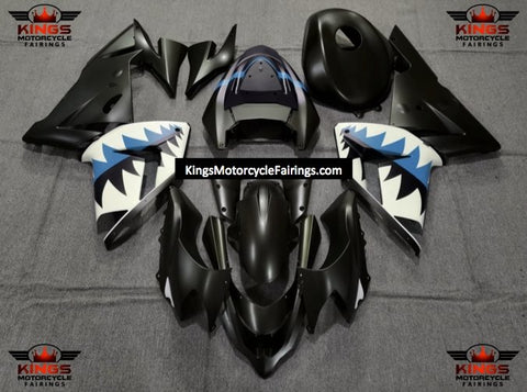Fairing kit for a Kawasaki ZX10R (2004-2005) Matte Black, Light Blue & White Shark Teeth