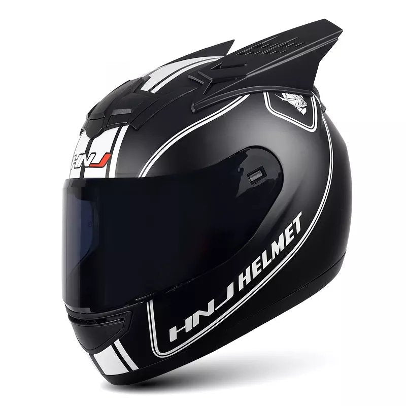 Matte Black, White Stripe HNJ Motorcycle Helmet with Horns, Black Visor