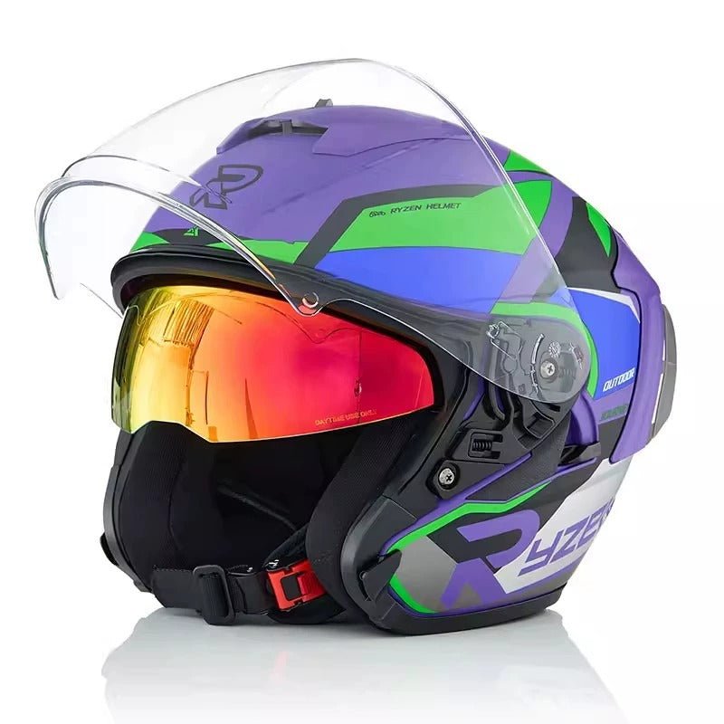 black purple motorcycle helmet Matte Purple, Black, Green & Blue R05 Motorcycle Helmet