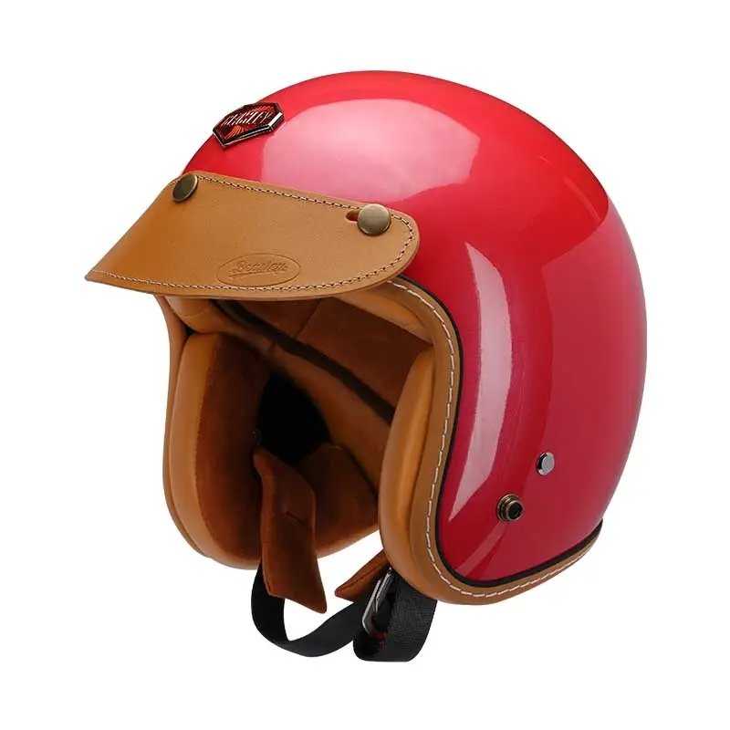 Motorcycle Helmet, Red & Leather Open Face 3/4