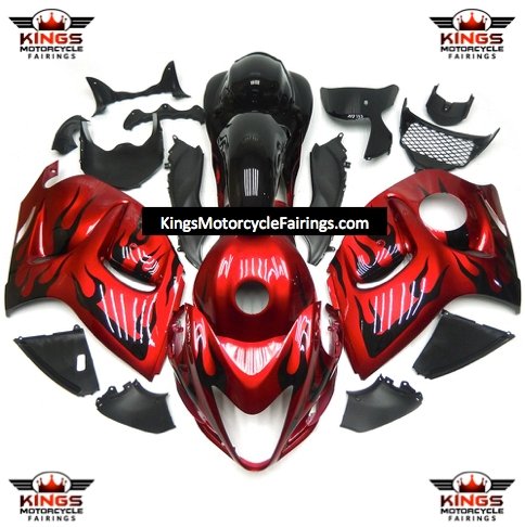 Red and Black Flame Fairing Kit for a 2008, 2009, 2010, 2011, 2012, 2013, 2014, 2015, 2016, 2017, 2018 & 2019 Suzuki GSX-R1300 Hayabusa motorcycle