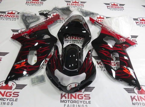 Black and Candy Apple Red Flame Fairing Kit for a 2000, 2001, 2002 & 2003 Suzuki GSX-R600 motorcycle at KingsMotorcycleFairings.com
