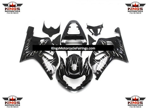 Suzuki GSXR600 Fairings (2000-2003) Black, White Flame at KingsMotorcycleFairings.com