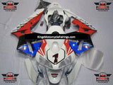  White, Red, Black and Blue TT Legends #1 Fairing Kit for a 2003, 2004 Honda CBR600RR motorcycle