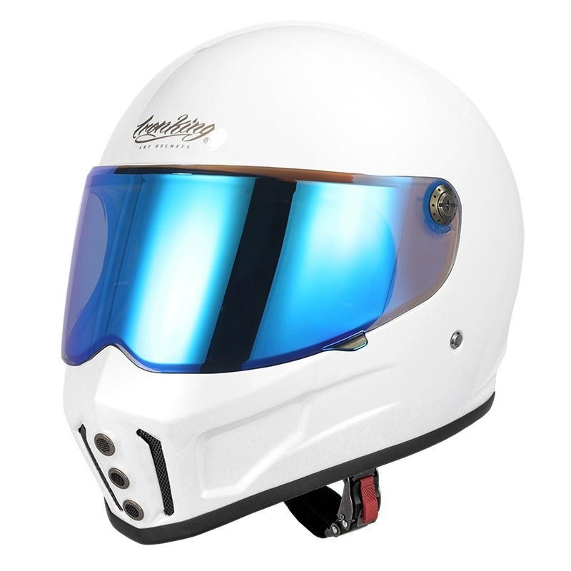 White Iron King Motorcycle Helmet with Blue Visor