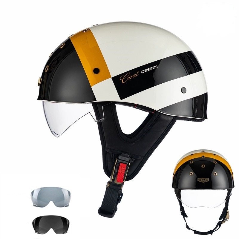 gold motorcycle half helmet White, Black & Gold Half Bucket Motorcycle Helmet
