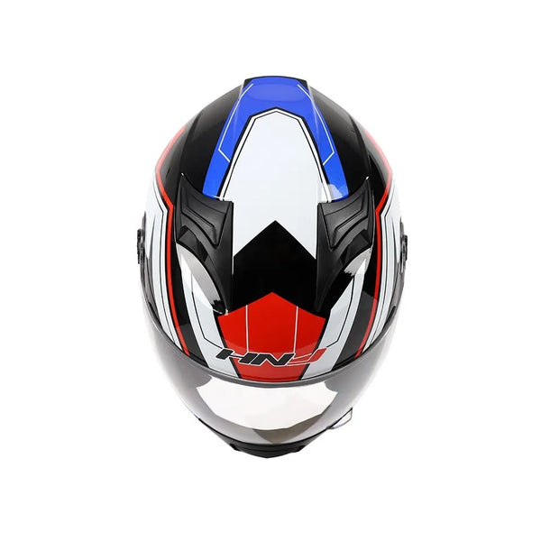 White, Black, Red & Blue HNJ Motorcycle Helmet with Black Visor