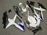 White, Silver, Blue and Matte Black Fairing Kit for a 2008, 2009, & 2010 Suzuki GSX-R600 motorcycle