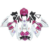 White and Pink Lucky Strike Fairing Kit for a 2008, 2009, & 2010 Suzuki GSX-R600 motorcycle