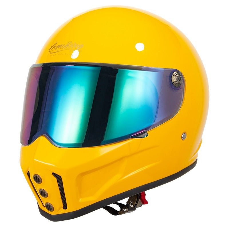 Motorcycle Helmet, Yellow Iron King with Green Visor