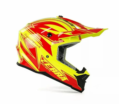 Yellow and Red Zebra Dirt Bike Motorcycle Helmet is brought to you by Kings Motorcycle Fairings - KingsMotorcycleFairings.com