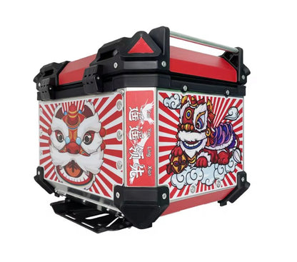 45L Aluminum Motocycle Top Box Storage Red White Chinese Lion at KingsMotorcycleFairings.com