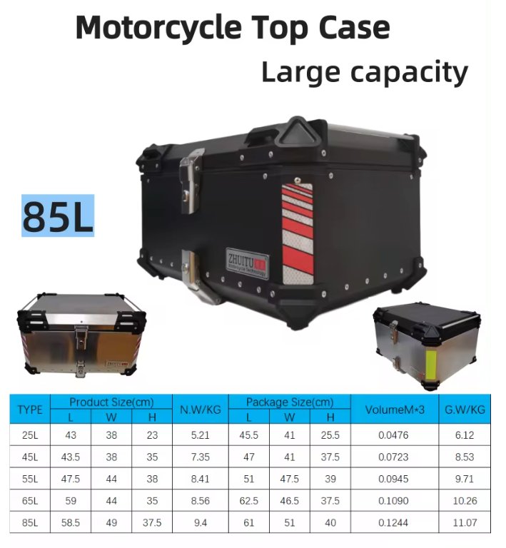 Black 85L Aluminum Motorcycle Top Box Storage at KingsMotorcycleFairings.com