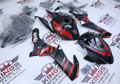 Aprilia RS 457 Fairings (2024-2025) Matte Black, Red Stripes from KingsMotorcycleFairings.com