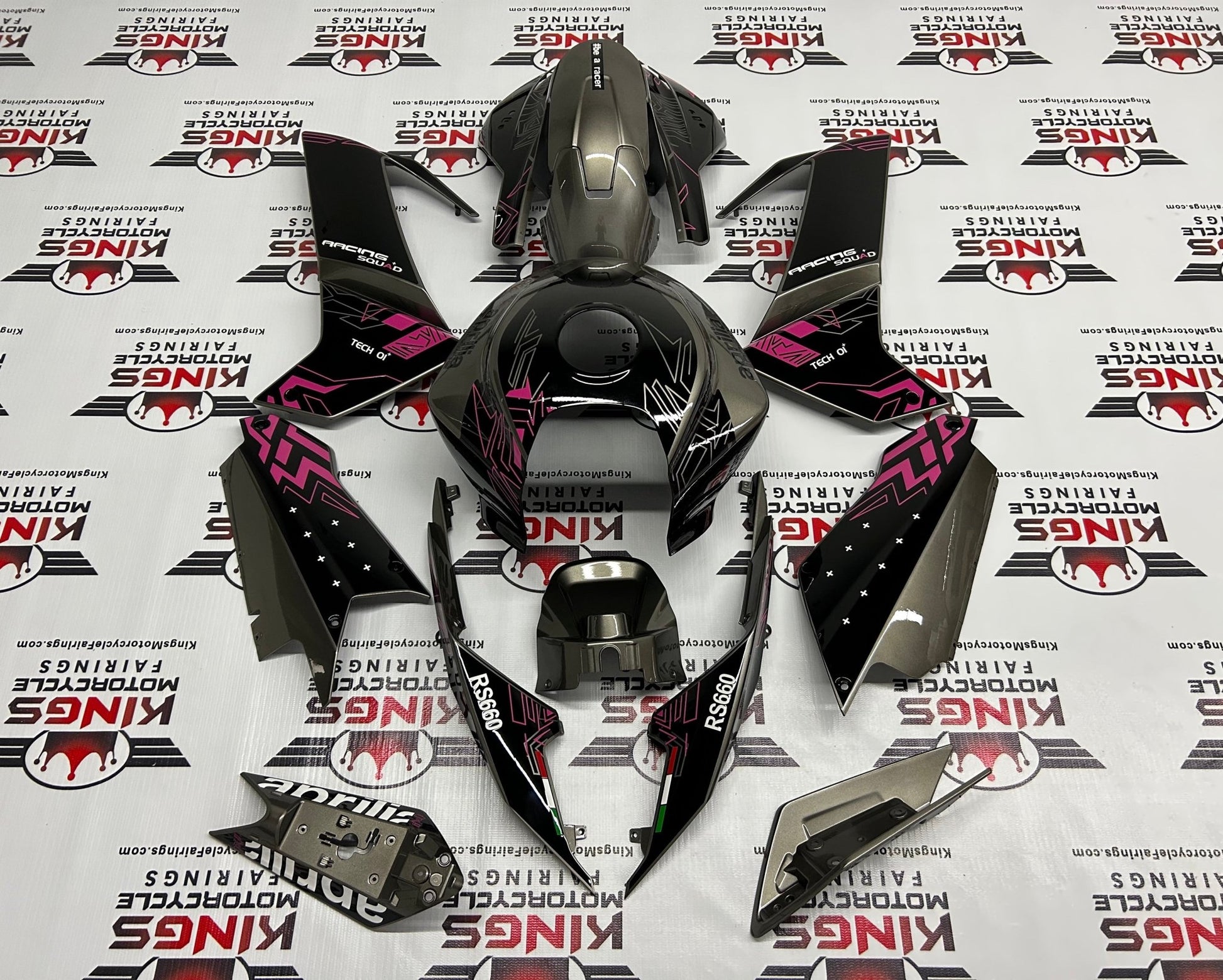 Aprilia RS660 Fairings (2020-2024) Gray, Black, Pink at KingsMotorcycleFairings.com 