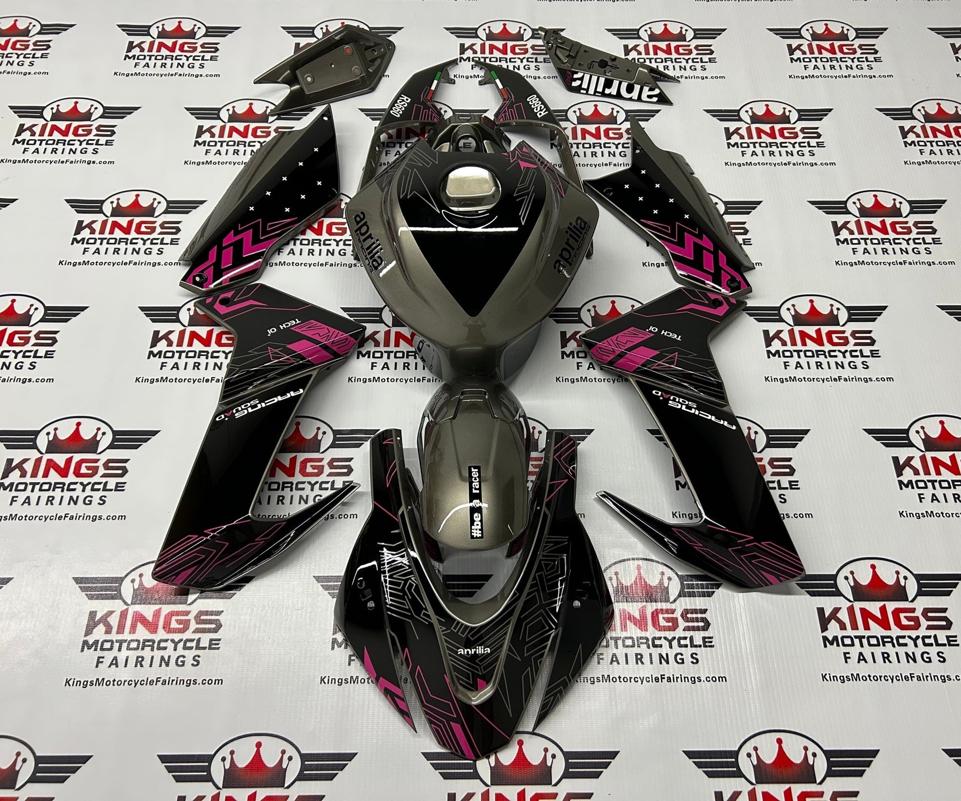 Aprilia RS660 Fairings (2020-2024) Gray, Black, Pink at KingsMotorcycleFairings.com