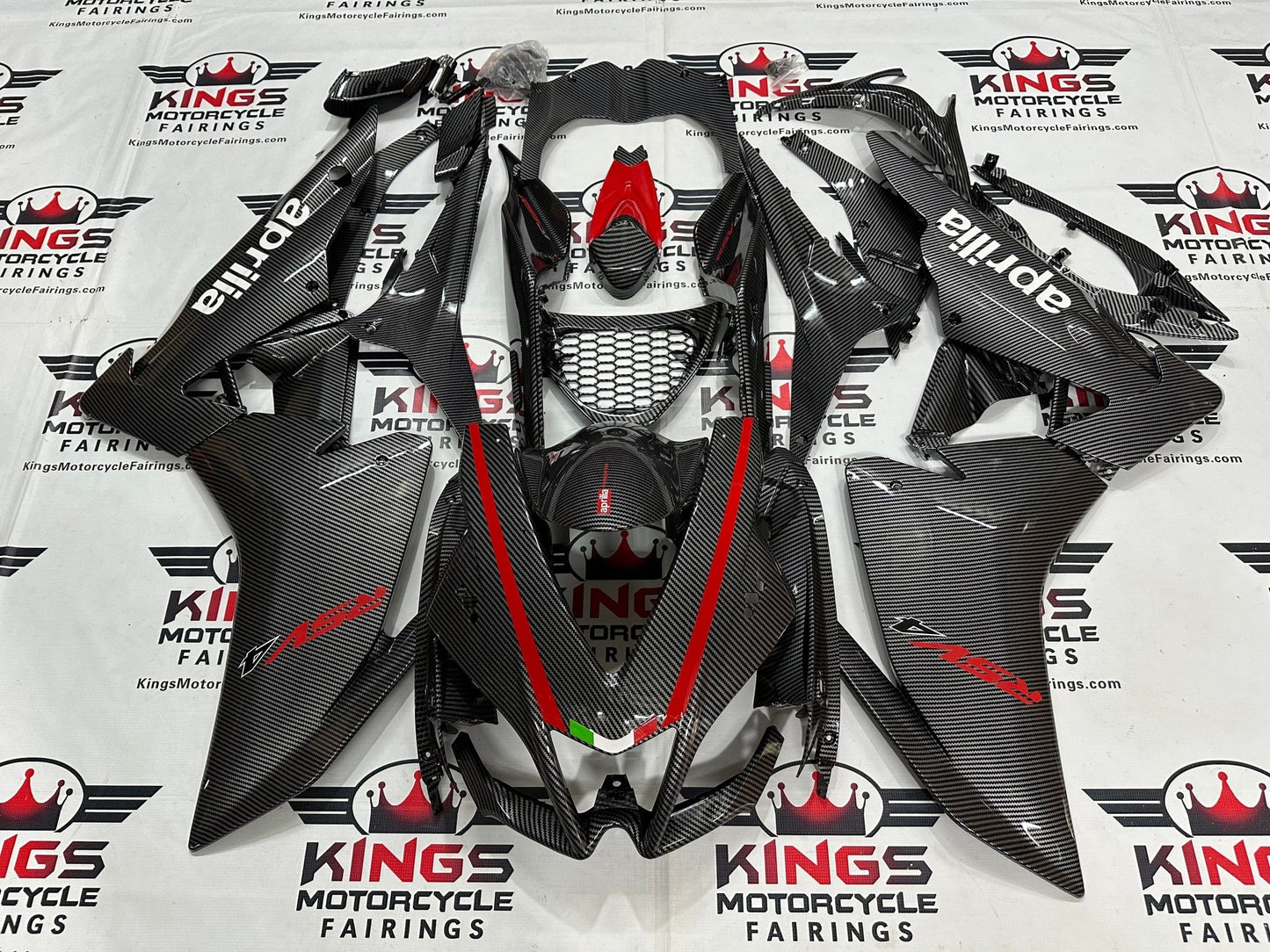Aprilia RSV4 1000 Fairings (2009-2015) Faux Carbon Fiber, Red, White at KingsMotorcycleFairings.com