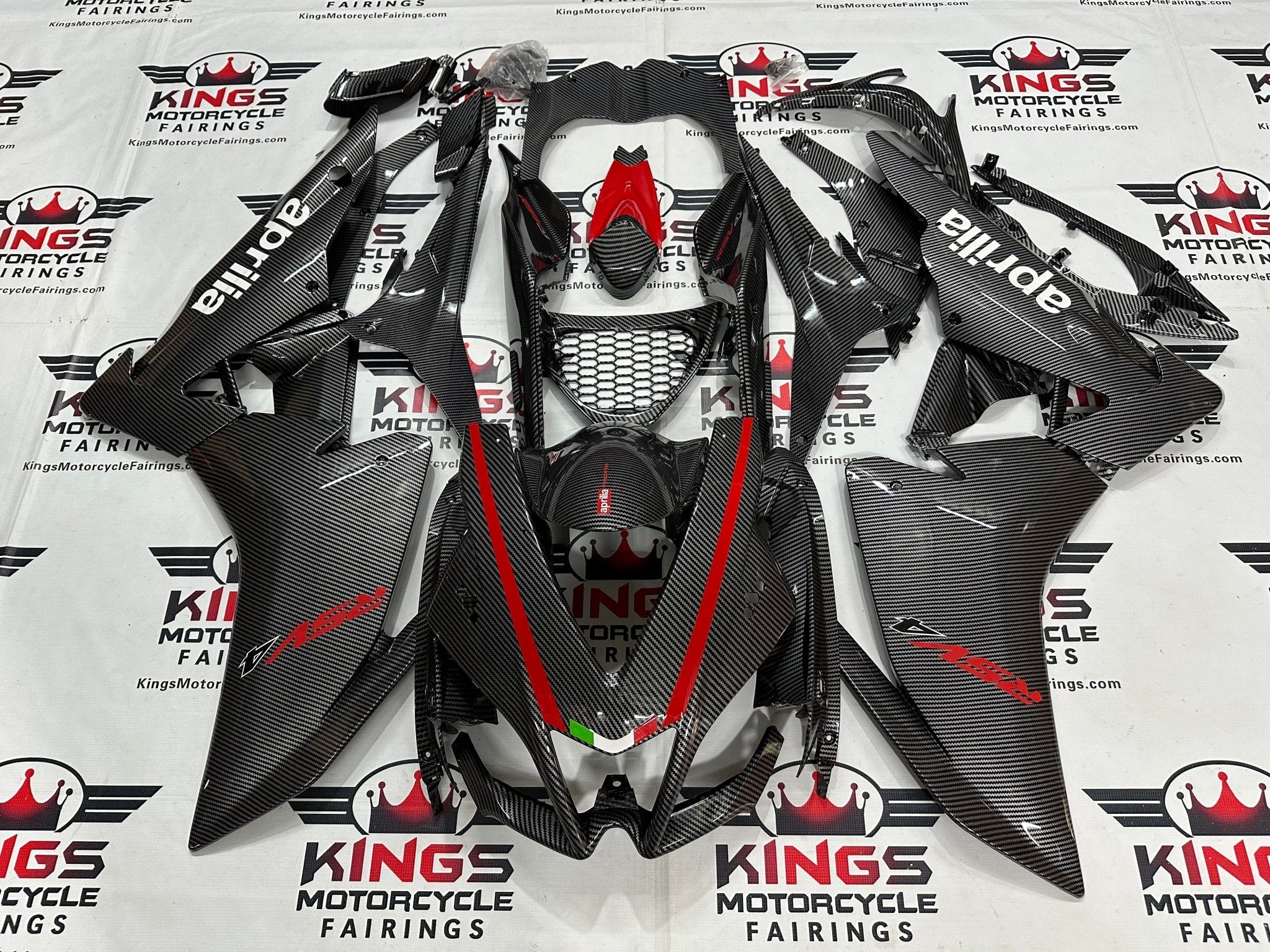 Aprilia RSV4 1000 Fairings (2009-2015) Faux Carbon Fiber, Red, White at KingsMotorcycleFairings.com