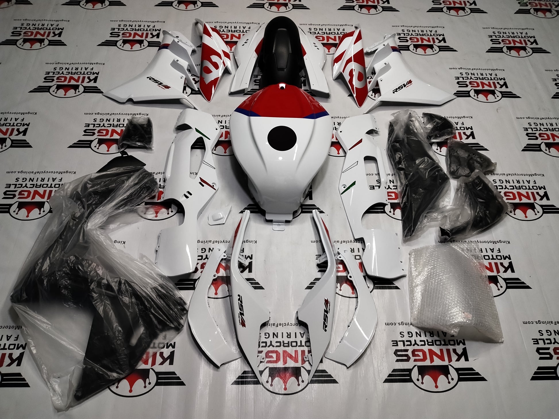 Aprilia RSV4 1100 Fairing Kit (2021-2024) White, Red, Blue, Gray by KingsMotorcycleFairings.com
