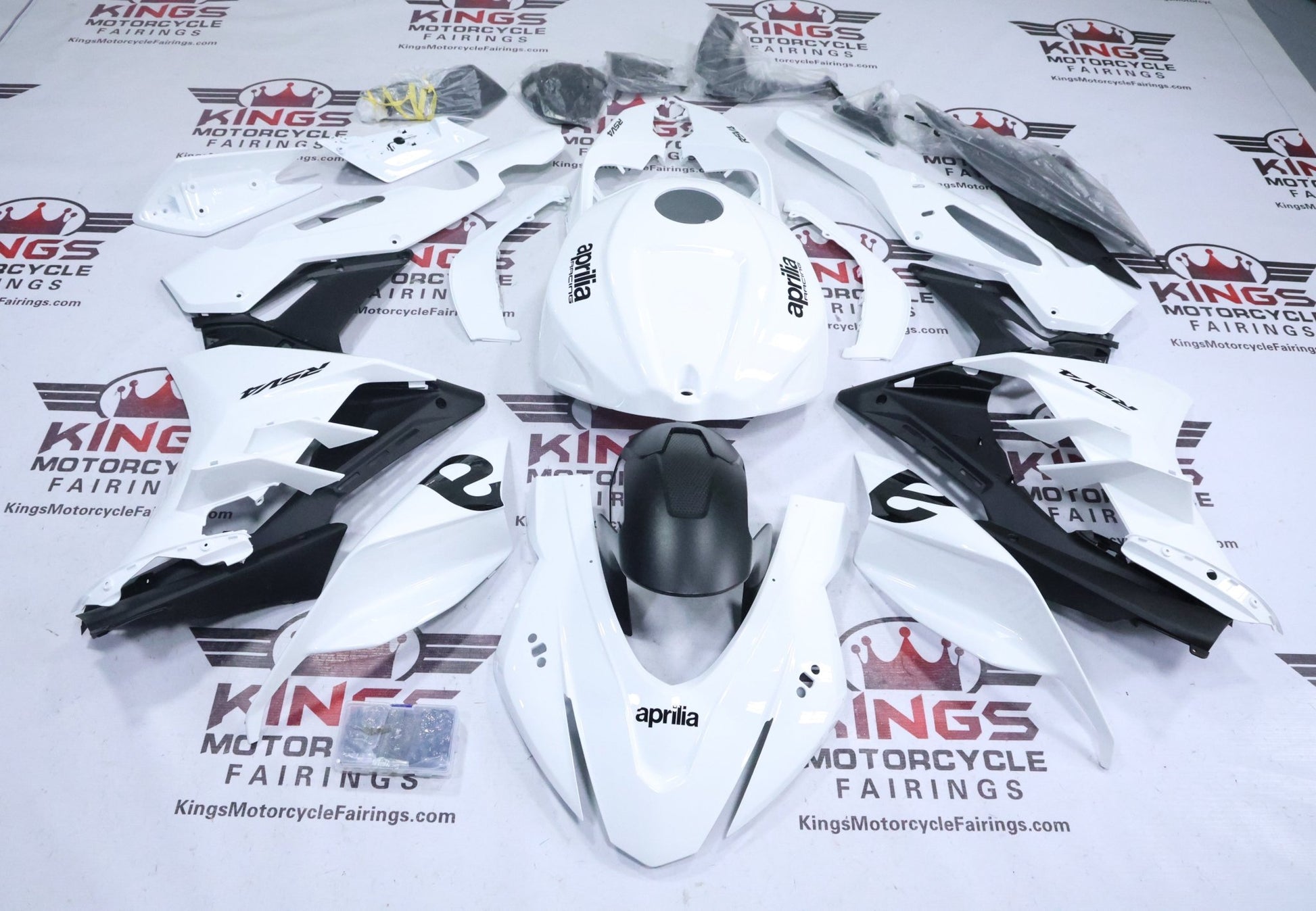 Aprilia RSV4 1100 Fairings (2021-2024) White, Black Gloss at KingsMotorcycleFairings.com